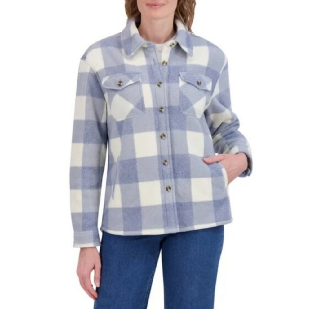 Women's Blue and White Plaid Utility Jacket - Picture 2 of 5
